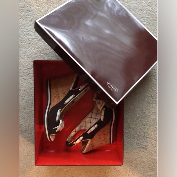 Brown cork Coach wedges with plaid ribbon detail. Comes with original box. - Picture 2 of 11